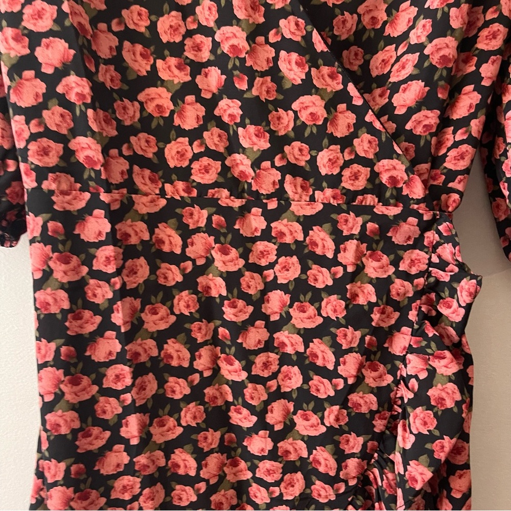 Nasty Gal Floral Wrap Mini Dress Puff Sleeve V Neck Black Pink Roses Y2K Small - Picture 7 of 8